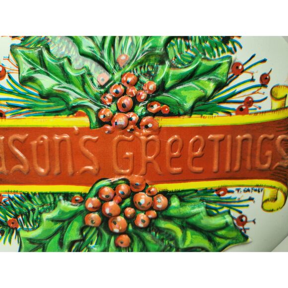 Vintage Ullman Co. “Seasons Greetings” Octagon Holiday Plastic Tin Holly - Picture 2 of 5